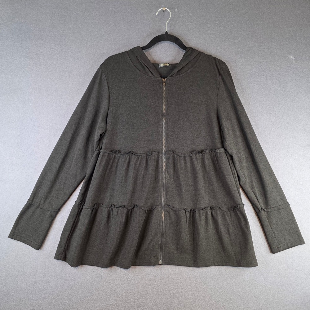 Deesha Zip Up‎ Hoodie Women XL Black Tiered Ruffle Babydoll Stretchy Cardigan